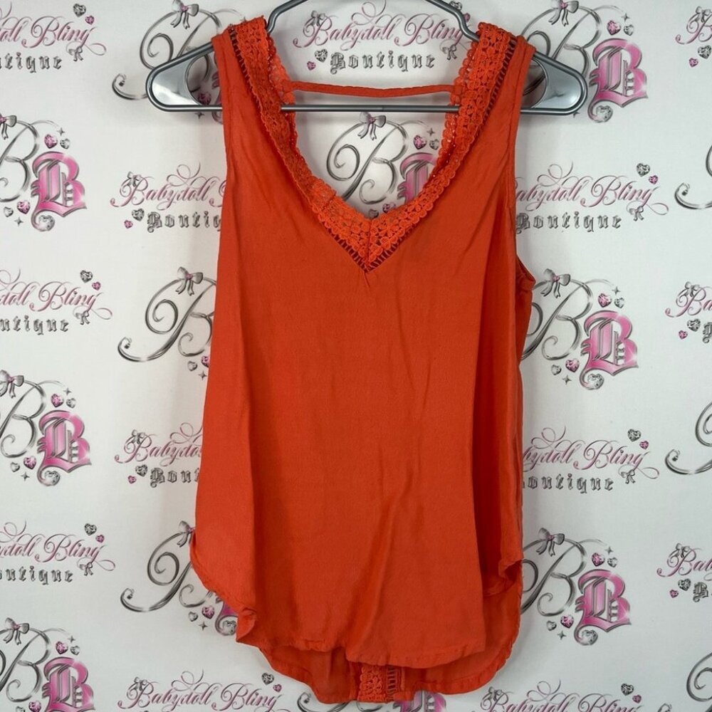 Astr tank top crochet boho strappy Vibrant Orange Lace Trim Tank Top